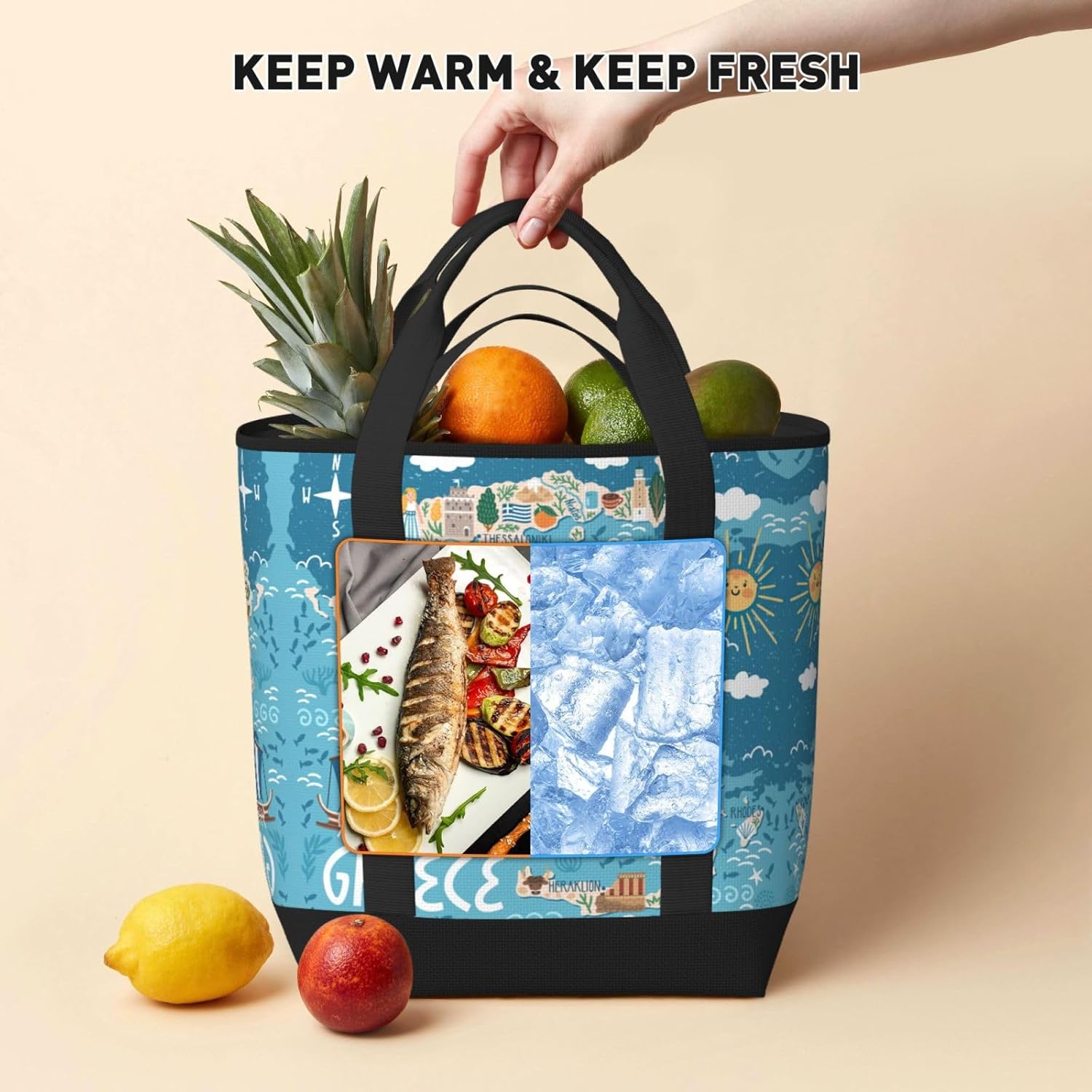 Greece Map Print Large Cooler Bag Tote Bag,Reusable Grocery Bag,Lunch Box Bag, For Picnic Beach Camping