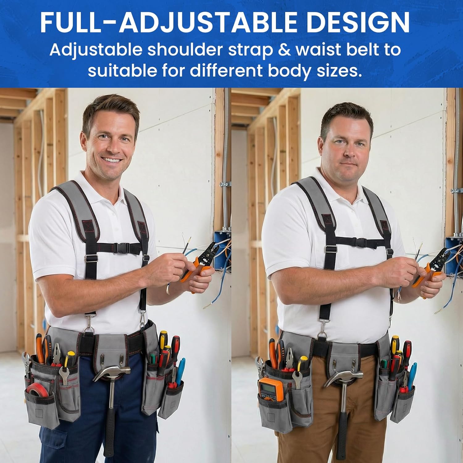 Tool Belt with Suspenders, 18-Pocket Combo Harness System with Magnetic Pouches, Heavy Duty Detachable Utility Bags Adjustable 32"-66" Waist for Electricians, Carpenters, Framers (Grey)