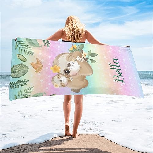 Sloth Jungle - Toalla de playa personalizada con nombre personalizado para mujeres, hombres y niños, 30 x 60 pulgadas, estampado de doble cara