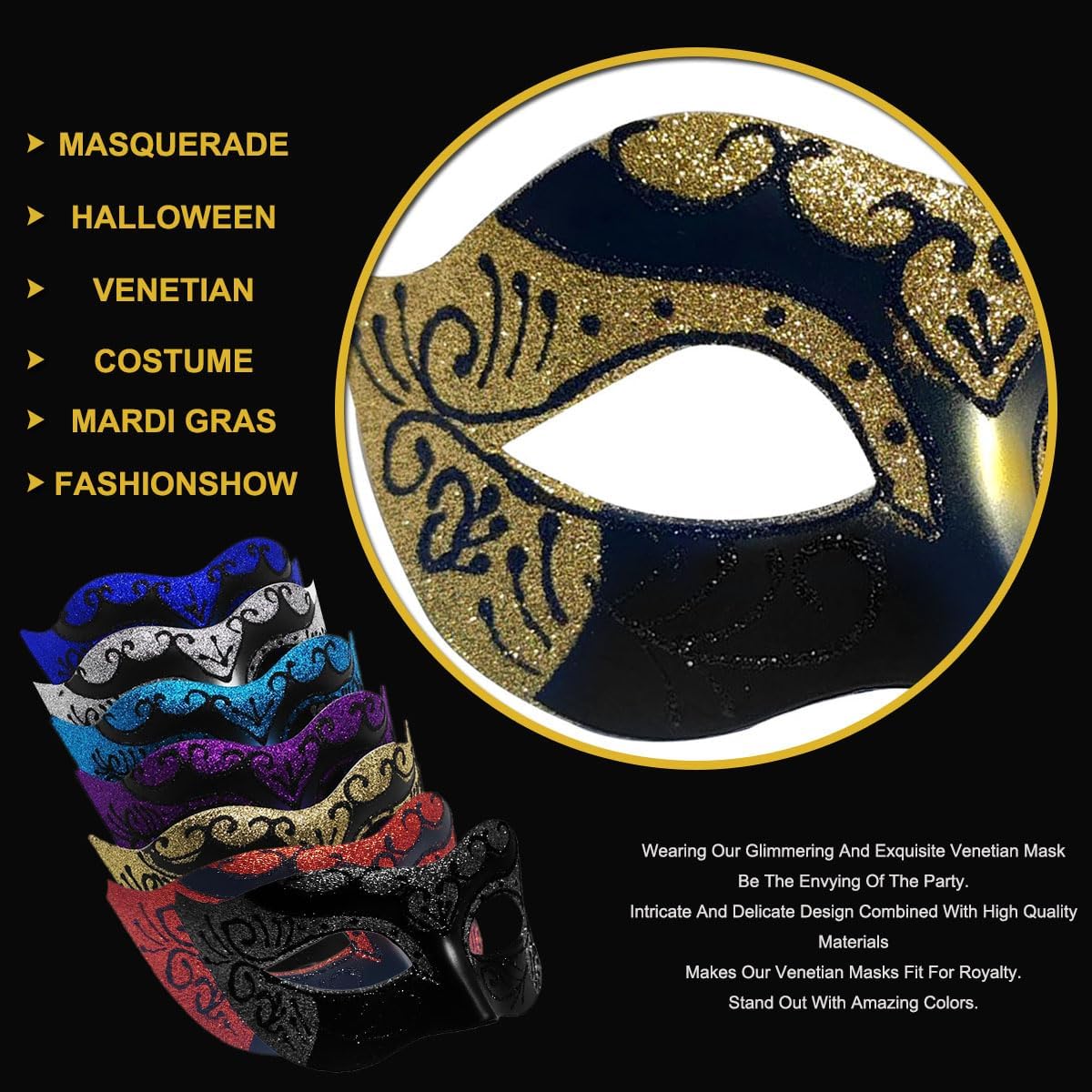 Masquerade Mask for Women Men Couple Venetian Mask Vintage Retro Mask for Halloween Costume Party Mardi Gras (Black Gold) - Image 2