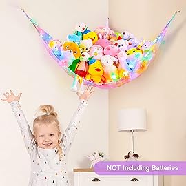 Unicorn Castle Stuffed Animal Net Hammock Kids Toy Storage with LED Light Plush Toy Organizer Corner Hanging Stuffed Animal Holder For Nursery Kids Girls Room Decor