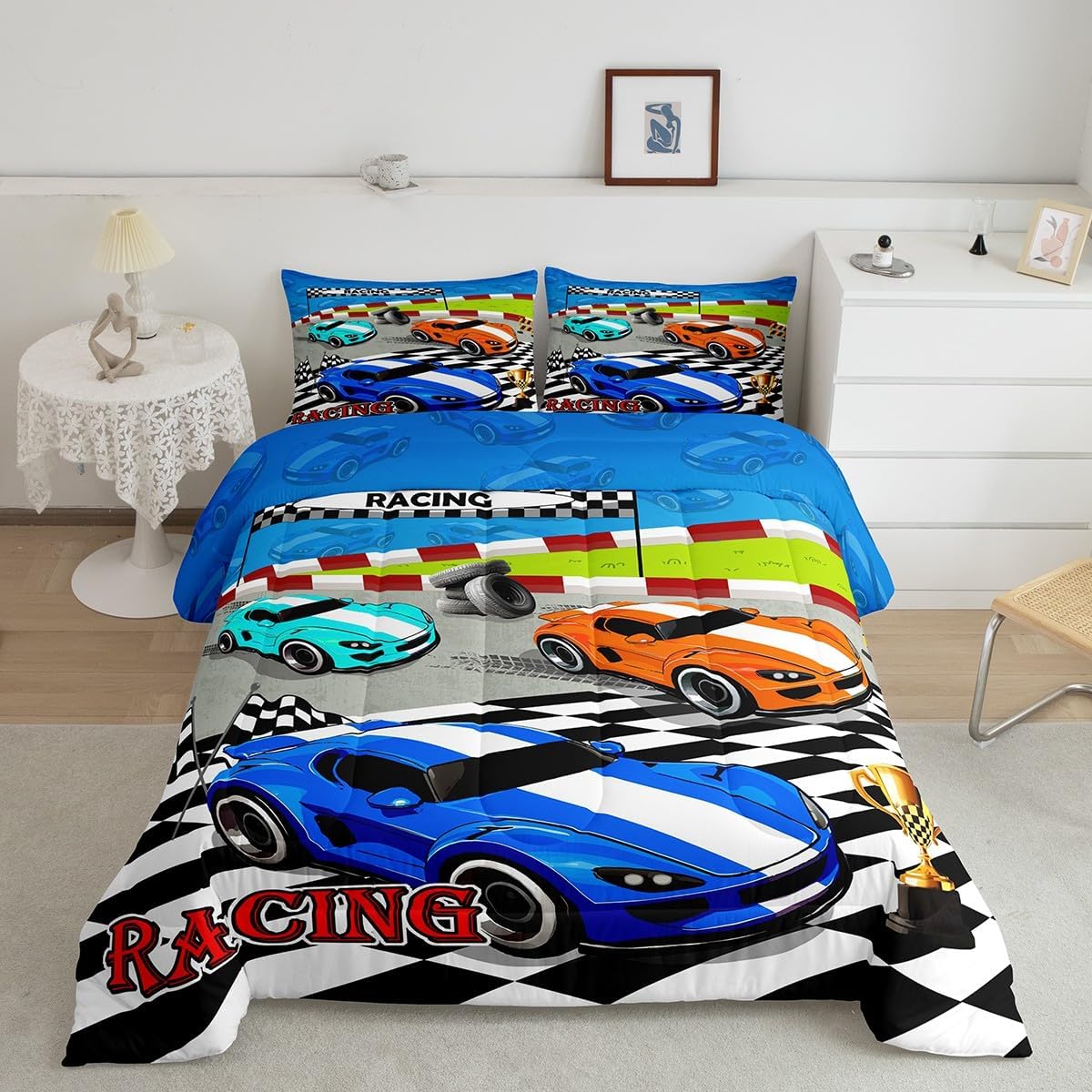 Feelyou Kids Race Car Bedding Set Twin Size, Speed Sports Car Comforter Set Boys Girls Racing Car Comforter Extreme Sports Teens Duvet Set Bedroom Decor Bed Set 2Pcs - Image 2
