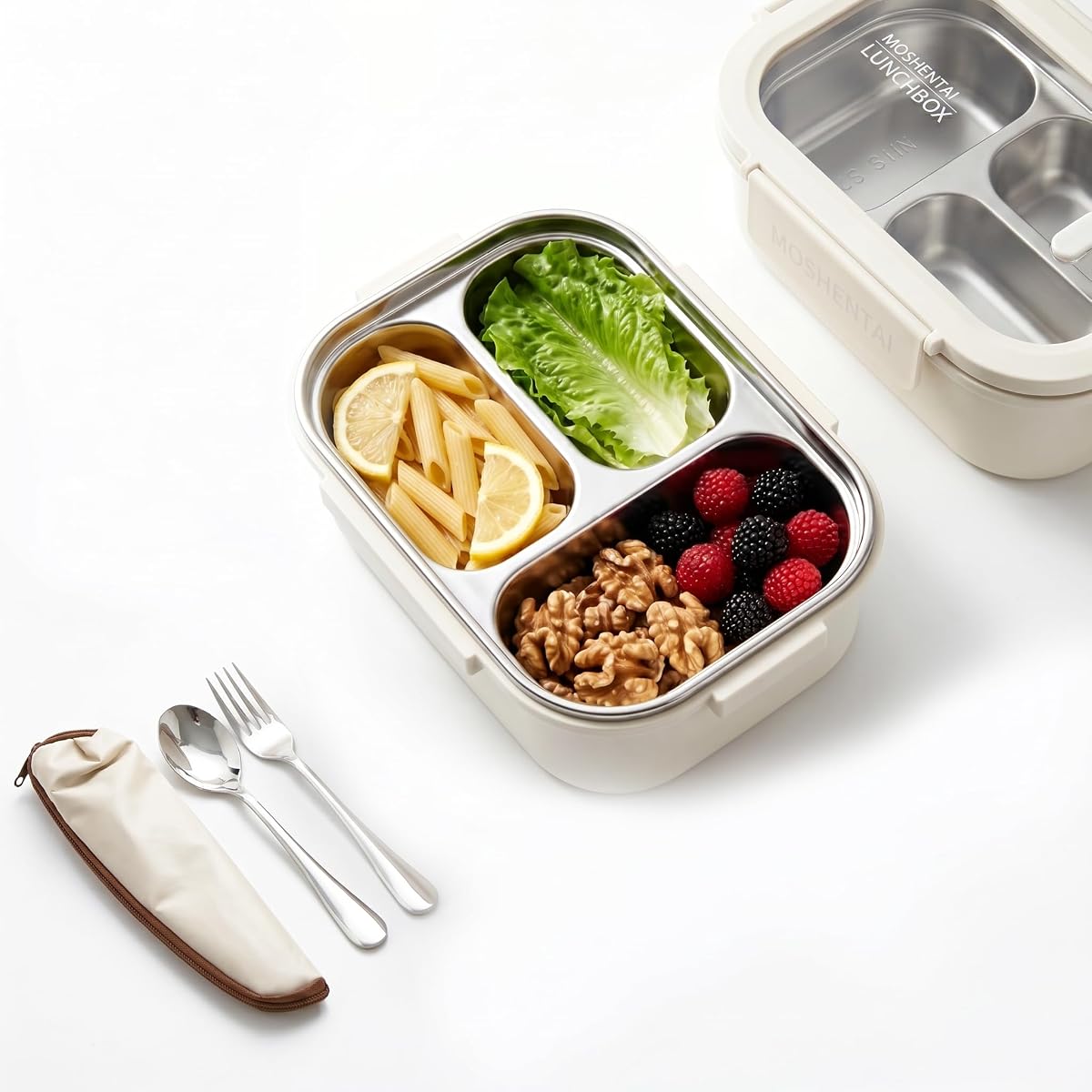 Leakproof 3-Compartment Lunch Box with Utensil Bag, Microwave/Dishwasher Safe Portable Reusable Food Container for Adult Work & Outdoor (white)