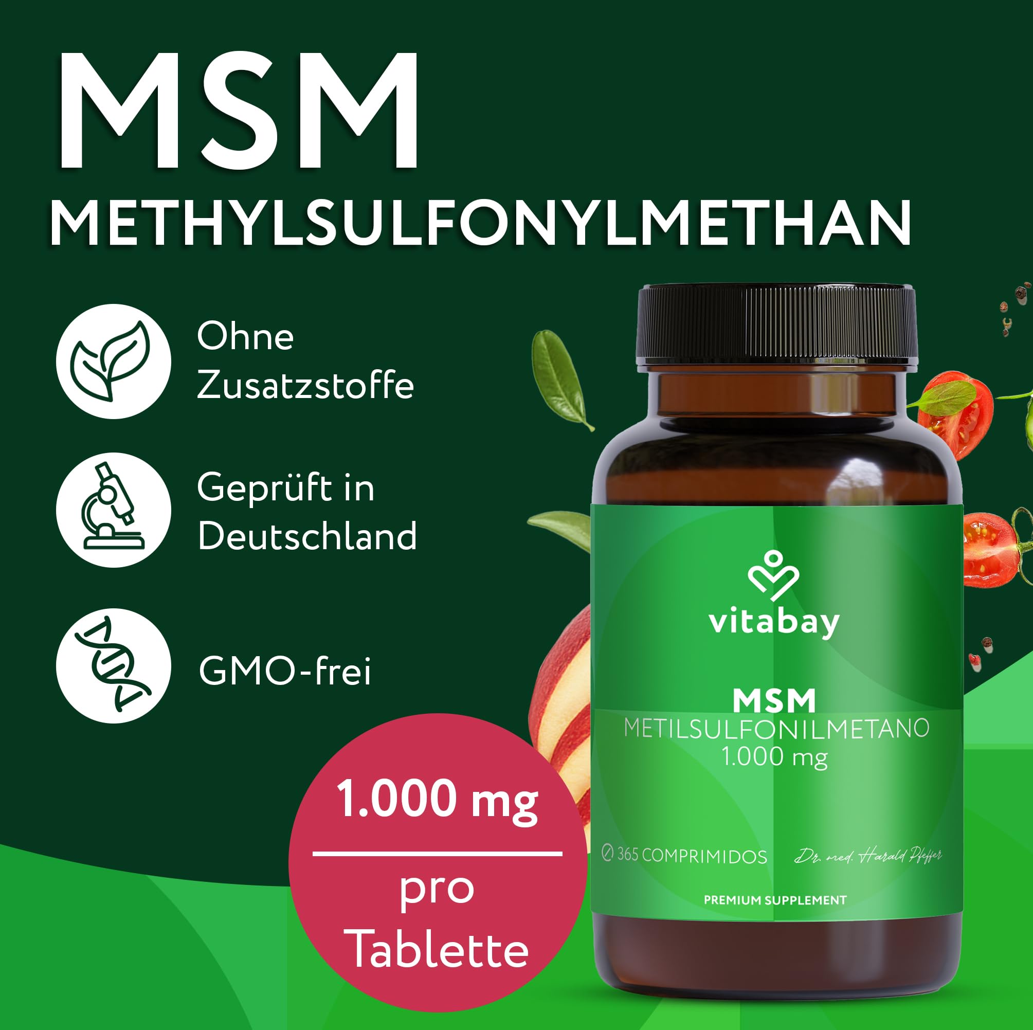 Vitabay MSM Tabletten Hochdosiert - 365 MSM Tabletten Hochdosiert Vegan - Pulver 2000 pro Tagesdosis - Schwefel Gelenkskapseln - Pflanzliche Kapseln 2000