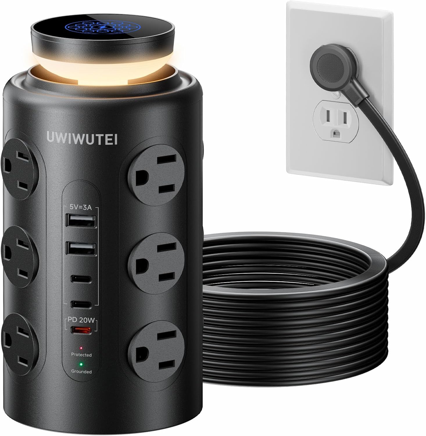 Tower Power Strip with Night Light,PD20W USB C Power Strip Tower with Multiple Outlets, 12 Outlets,5 USB Ports (3 USB-C), 6FT Extension Cord Desk Charging Station for Home,Office,Dorm Essentials,Black