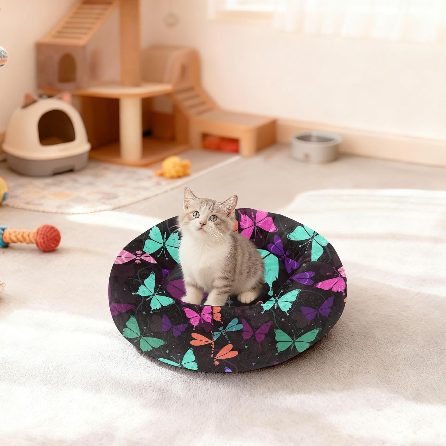 Pet Dog Beds Warm & Soft Fluffy Cat Pillow Bed for Medium Size Pets Sleeping M Colorful Buttflies