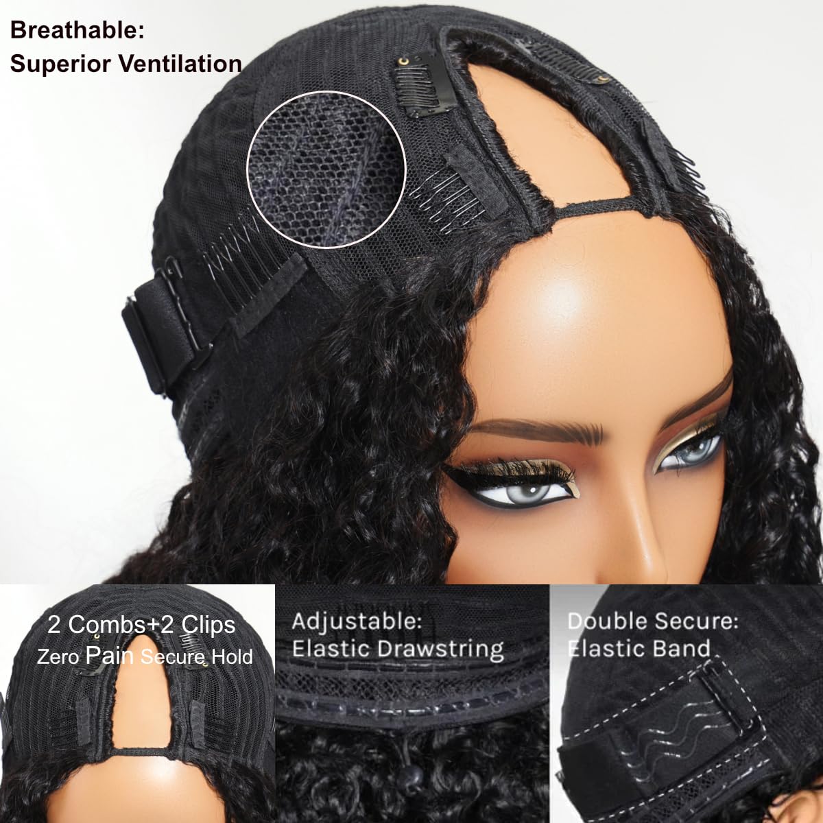 Kinky Straight V Part Wig Human Hair Glueless Drawstring 150% Density 16inch Amazon.com : UNICE Kinky Straight V Part Wigs Human Hair for  main image 2