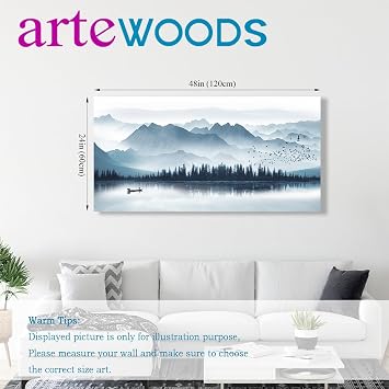 arteWOODS Indigo Canvas Wall Art Misty Mountain Wall Pictures Foggy Lake Boat Painting Prints Forest Birds Artwork Wall Decor for Living Room Wall Decorations Framed Ready to Hang 24 x 48