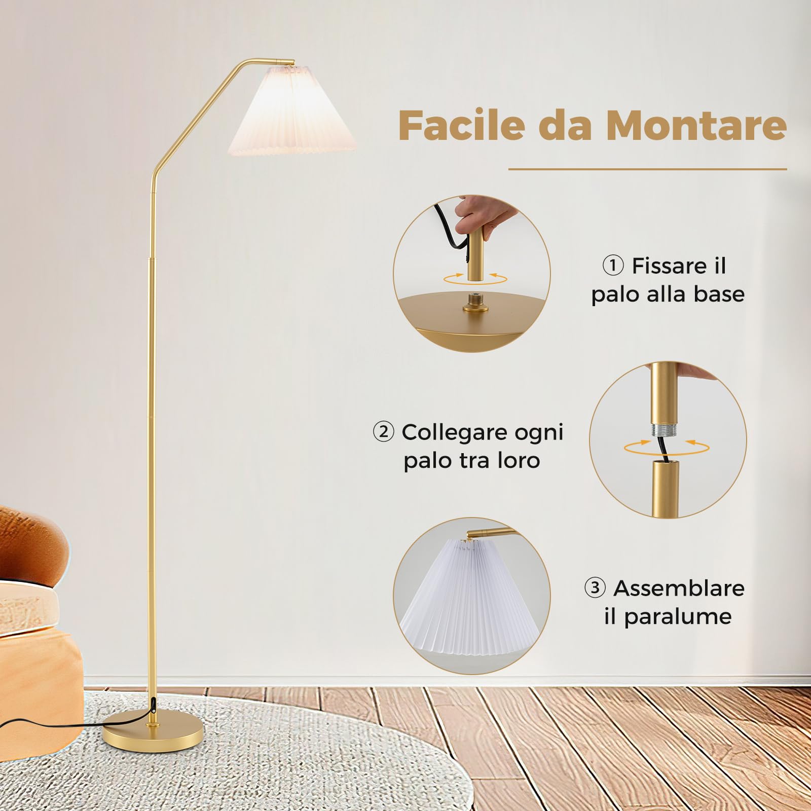 COSTWAY Lampada da Terra ad Arco con Paralume e Testa Regolabile | Piantana da Terra con Interruttore a Pedale e Presa E27, Moderna per Salotto, Soggiorno e Ufficio, Oro e Bianco