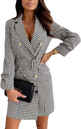 Women Plaid Blazer Dress Elegant Long Sleeve Lapel Double Breasted Suit Dresses