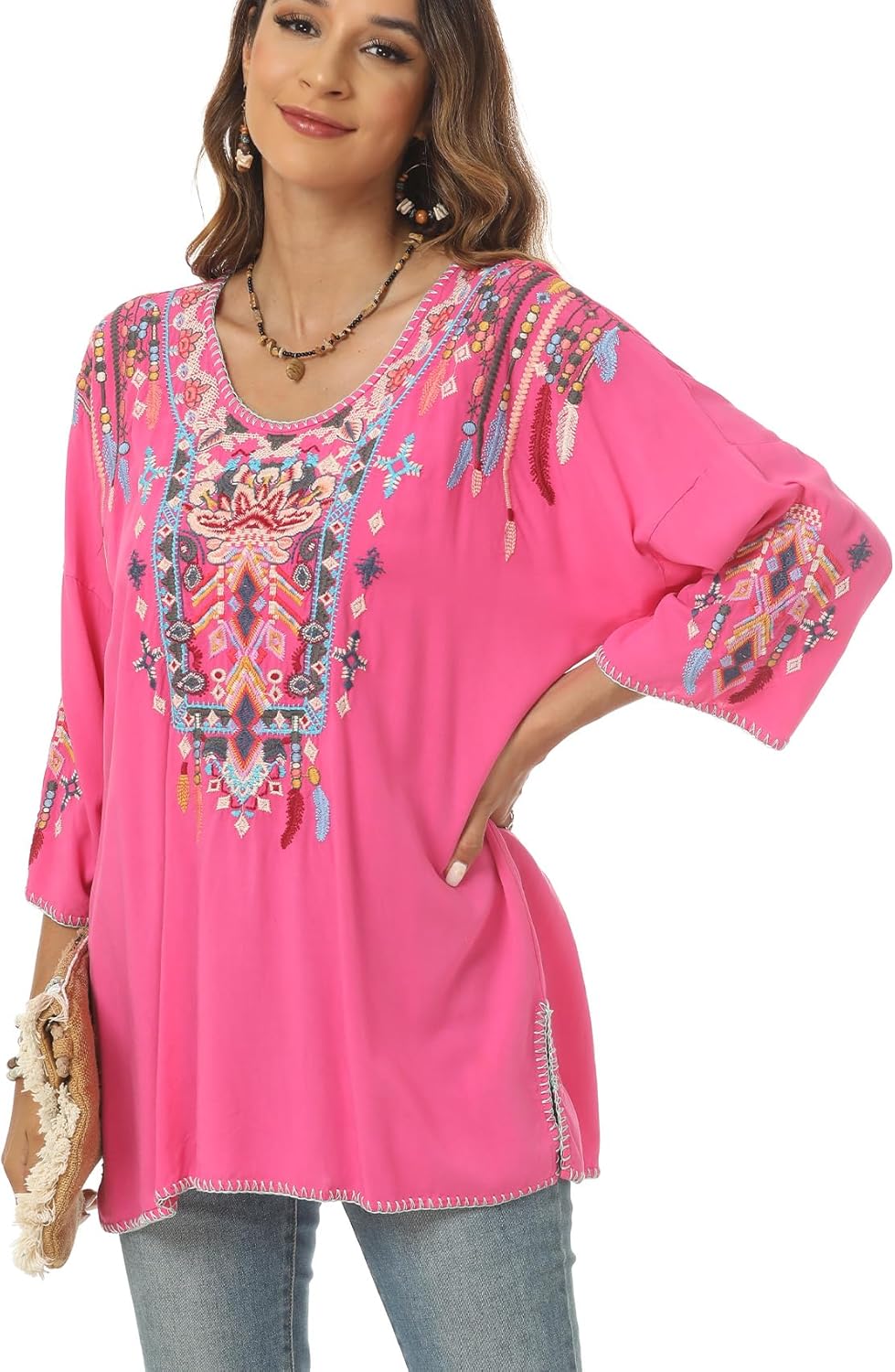 Higustar Mexican Embroidered Tops for Women Traditional Boho Tunics Bohemian Shirts Plus Size Peasant Clothes Blouses - Image 4
