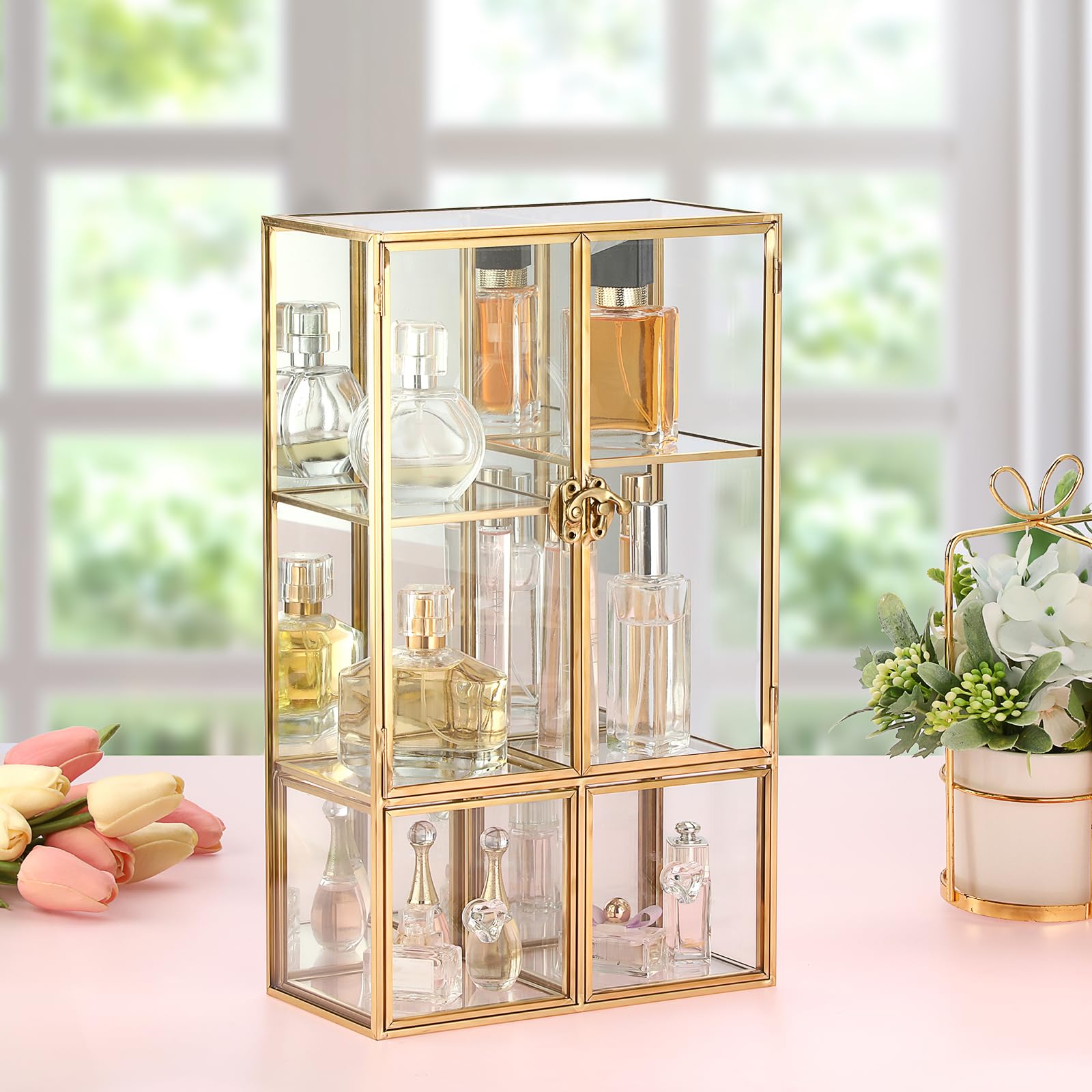 SUMTree Aufbewahrungsbox Schmuck Organizer Glas Schmuckkasten Schmuck Aufbewahrung Vitrine Goldene Schmuckbox Schminktisch Schmuckkästchen Schlafzimmer Schmuckholder Schmuckschatulle für Kosmetik Fashion