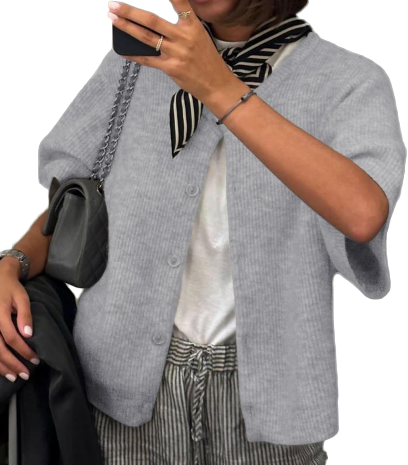 Lomon Womens Spring Summer Short Sleeve Cardigan Sweaters Trendy Crew Neck Button Down Lightweight Knit Outfit Y2k Clothes