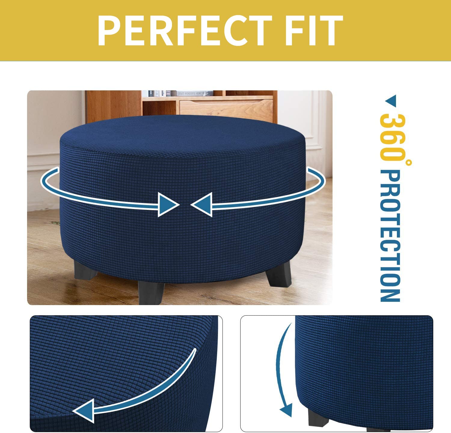 Housse Ottomane Extensible Jacquard - Protection Antidérapante Pour Pouf Et Tabouret - Bleu Marine