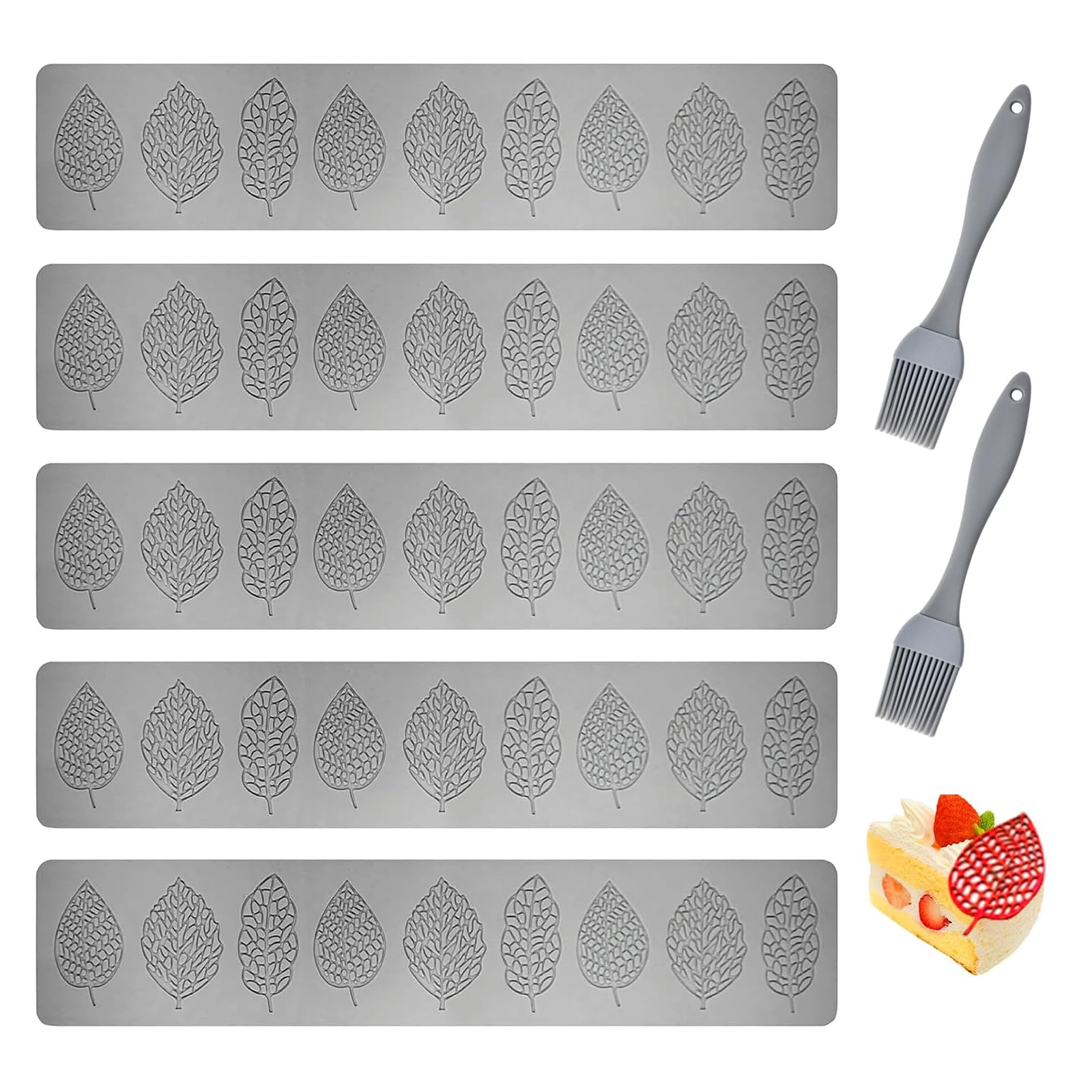 5PCS Tuille Moulds Silicone, Leaves Shape Fondant Moulds Silicone Tuile Mould with Oil Brush for Shaping Melted Sugar Paste, Chocolate, Fondant, Butter, Soap DIY Craft