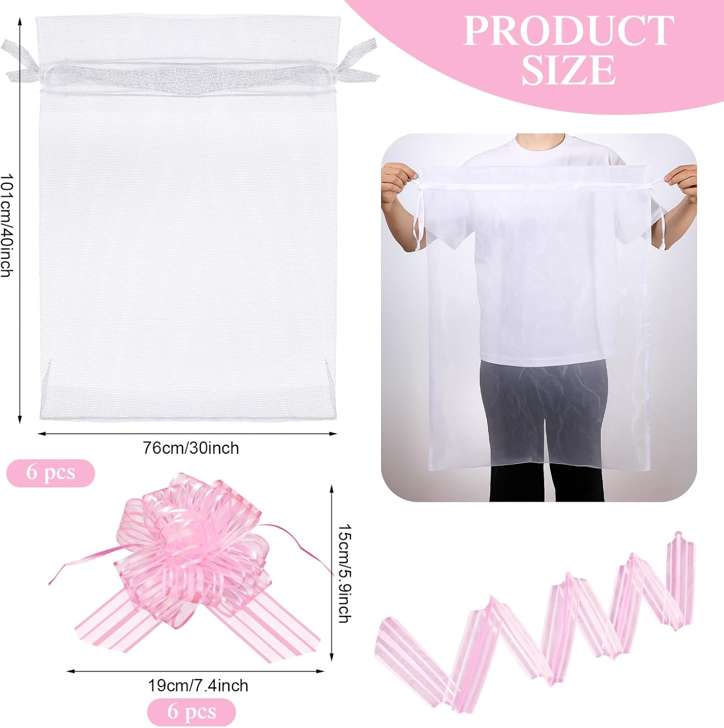 SilTriangle 6 Sets 30 x 40 Inches Extra Large White Organza Fabric Bags with Pull Bow for Gift Basket Large Organza Gift Wrapping Mesh Drawstring Bag for Christmas Wedding Bridal Baby Shower Easter - Image 3