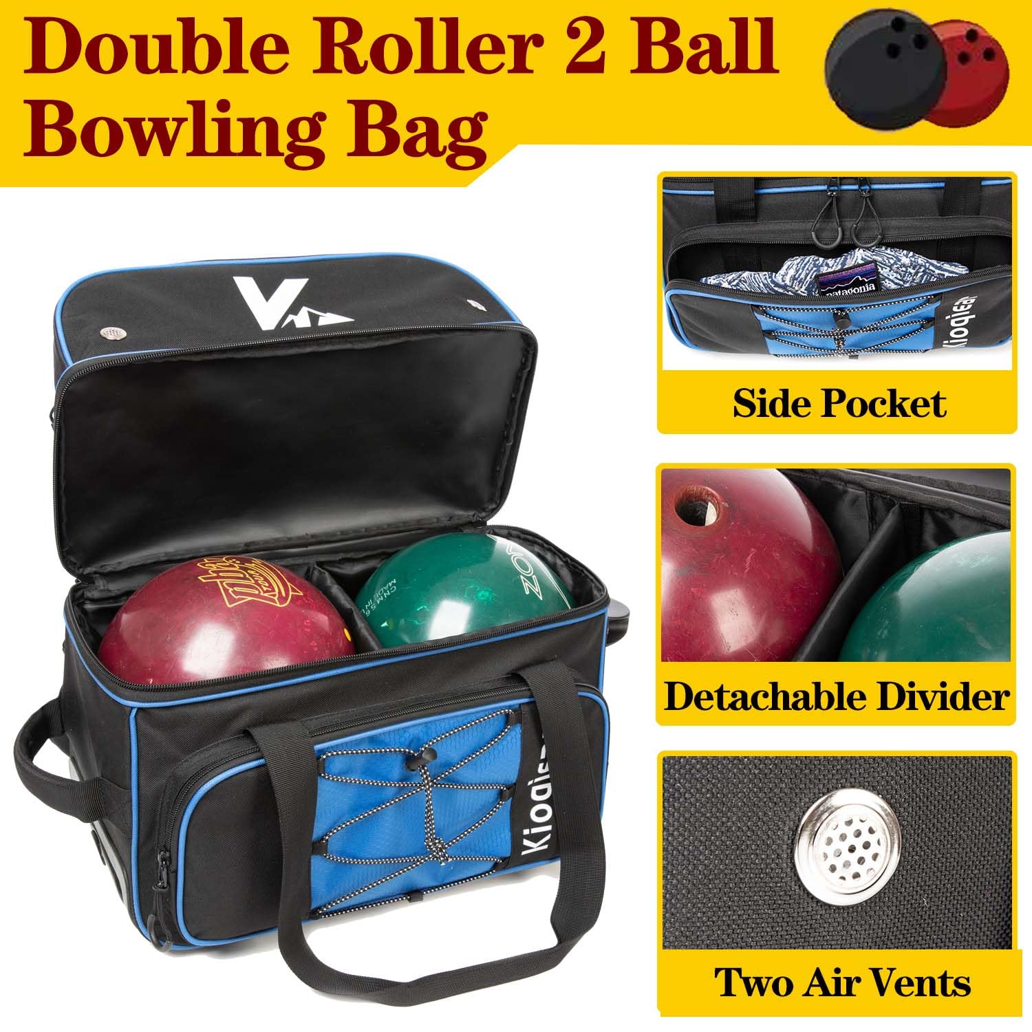 Bolsa de bolos de doble rodillo para 2 bolas con compartimento grande separado para zapatos y bolsillo de accesorios de gran tamaño, asa extensible de 36 pulgadas.
