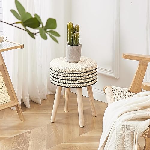 Miniatura 3 de Cpintltr Taburete otomano redondo de hierba marina natural, puf otomano con patas de madera maciza, reposapiés de jacinto tejido a mano, taburete