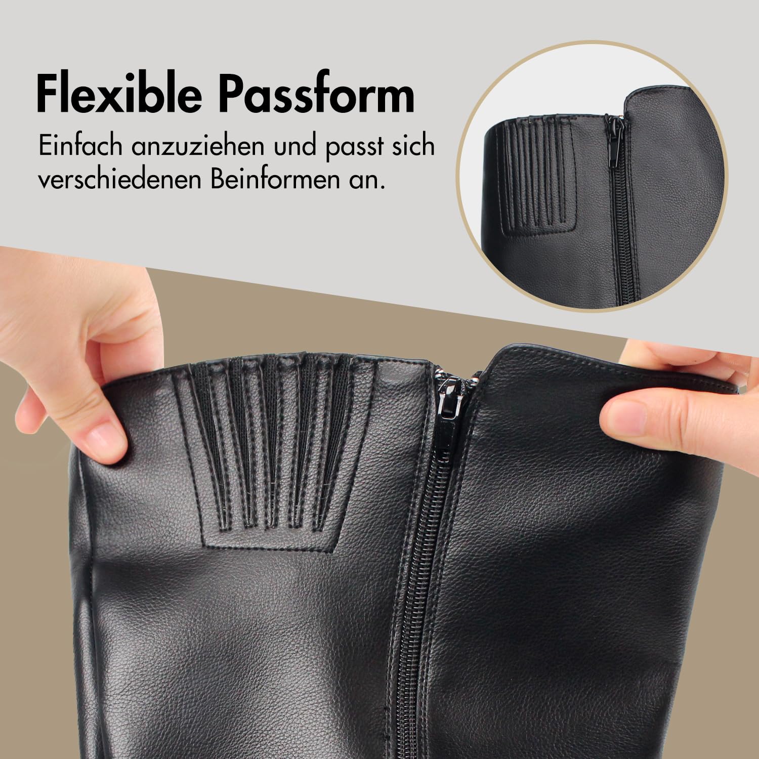 Hawkwell Kniehohe Damen-Stiefel mit extra breitem Waden-Ziehverschluss und seitlichem Reißverschluss