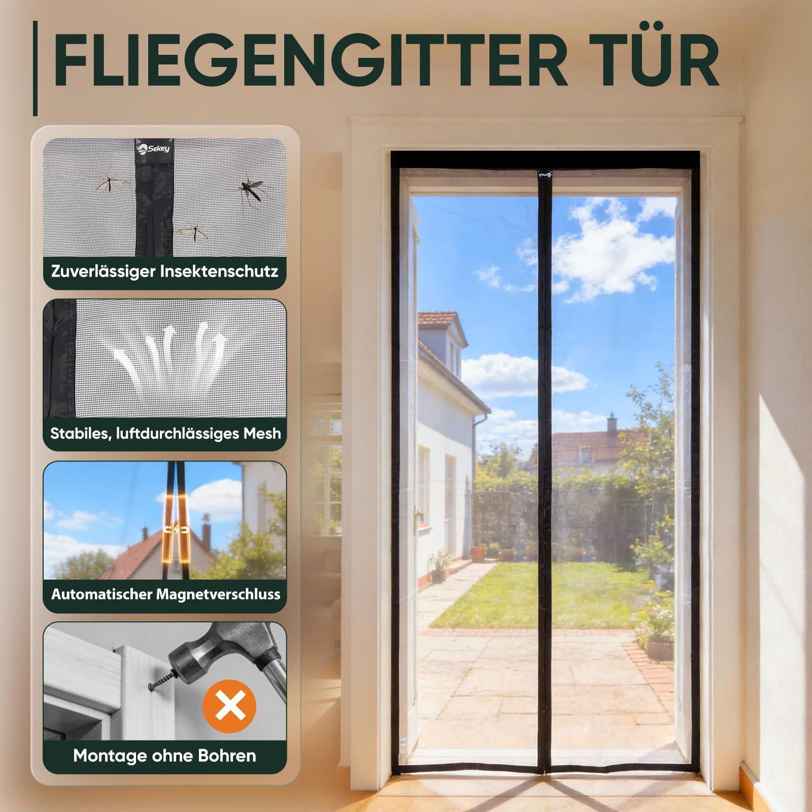 Sekey Mosquitera magnética para puerta de balcón, 90 x 220 cm, color negro