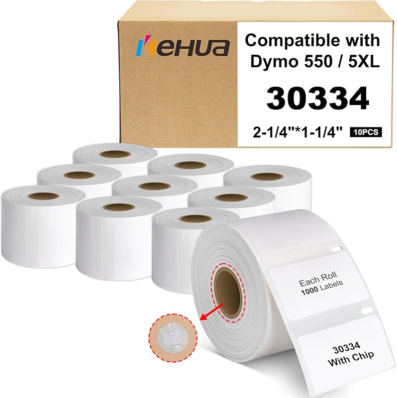 Hehua 30334 (2-1/4" x 1-1/4") Compatible with DYMO Labelwriter 550 5XL | 10-Roll 30334 with RFID Chip, Multipurpose Barcode & FNSKU Labels, Compatible with DYMO Desktop Printers, Total 10000 Labels