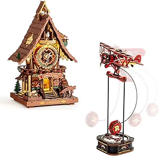 ROBOTIME 3D Wooden Puzzles for Adults-Cuckoo Clock Wooden Models for Adults & Plane Gravity Swing Model