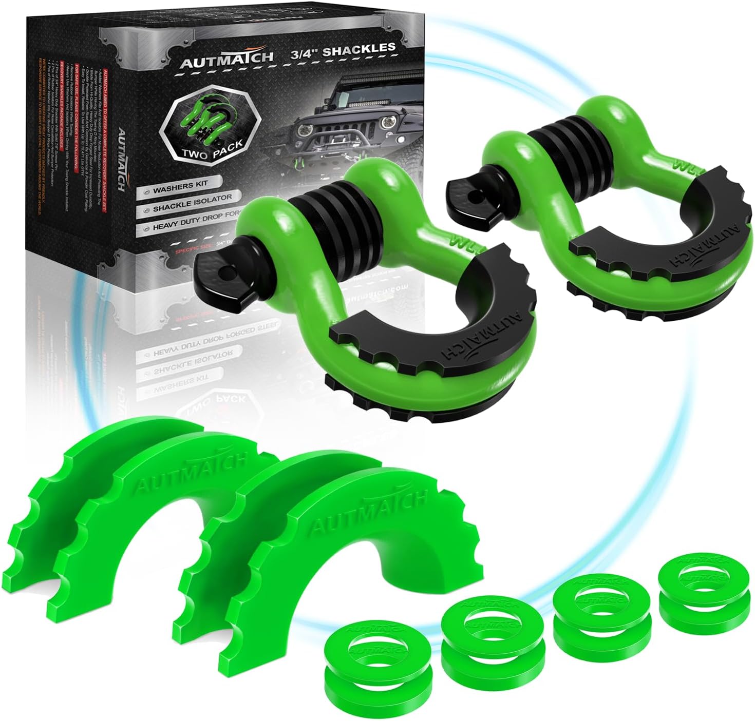 AUTMATCH 3/4" D-Ring Shackles (2 Pack) 41,887Ibs Break Strength with 7/8" Screw Pin and Shackle Isolator Washers Kit for Tow Strap Truck Off Road Vehicle Recovery, Green