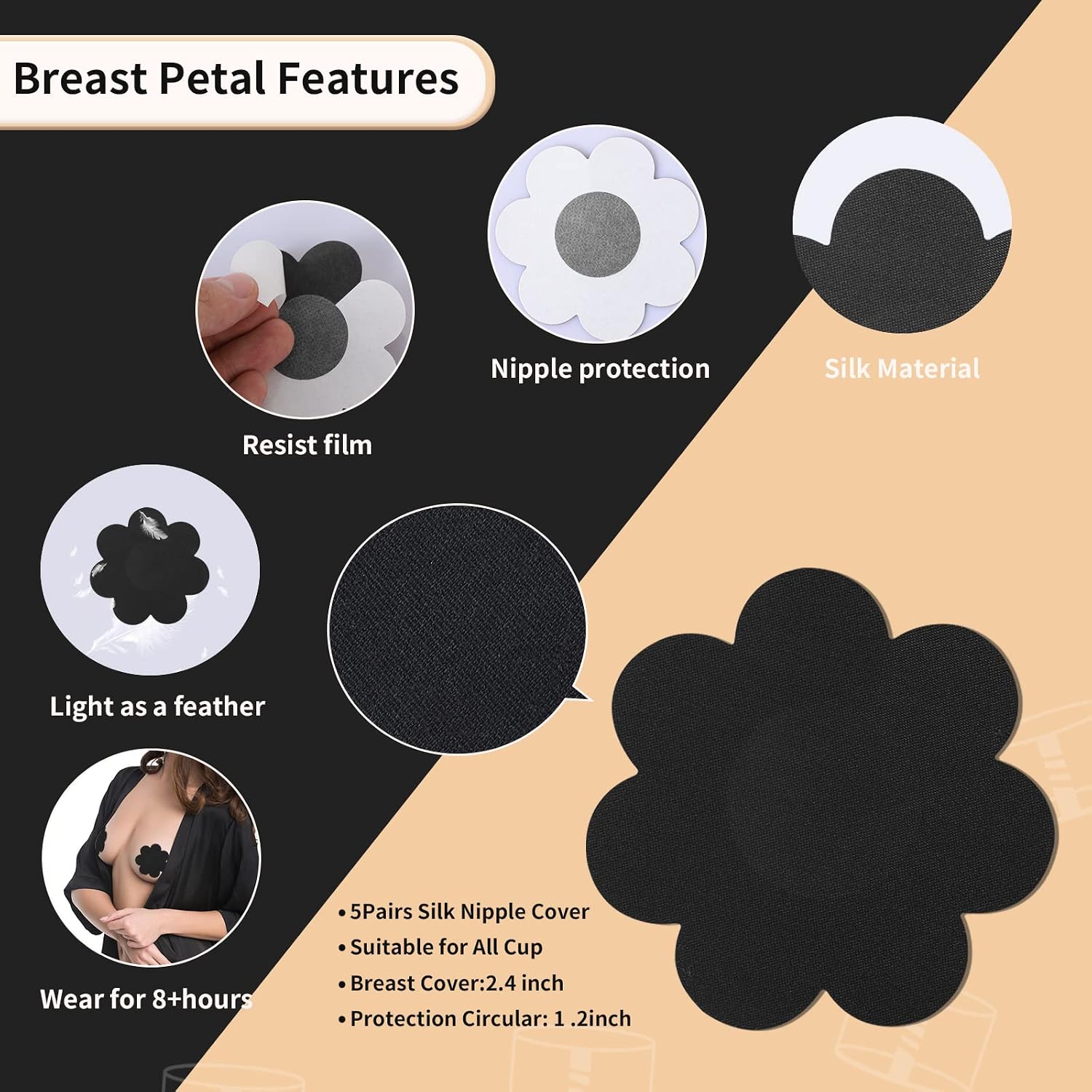 Boob Tape, Breast Lift Tape, Boobtape for All Breasts A-DD, Fashion Body Tape, with 10 pcs Satin Petals Breast Cover Brown