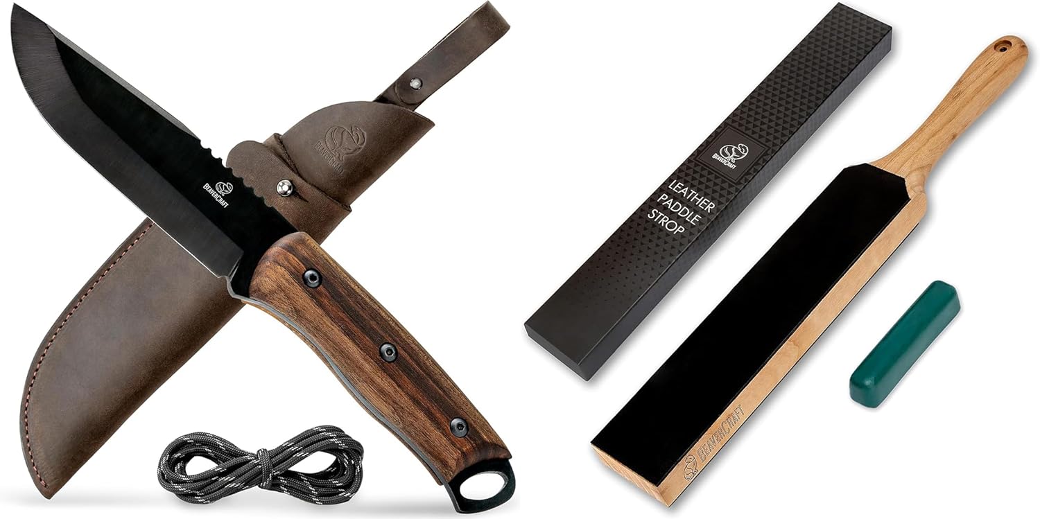 BeaverCraft BSH4 Dusk Bushcraft Knife Full Tang LS6P1 Stropping Kit Leather Strop Kit with Sharpening Polishing Compound