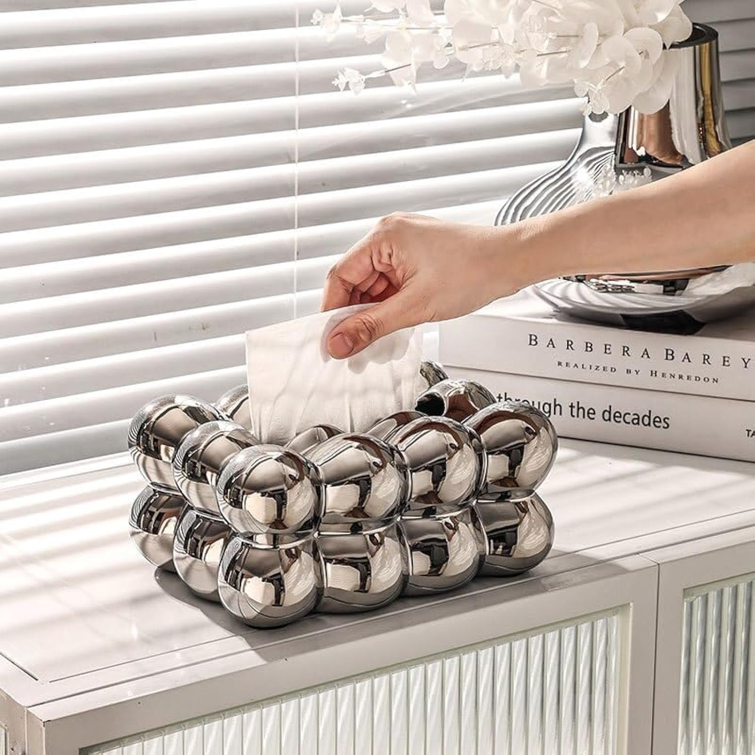 PLATU Luxury Ceramic Clouds Tissue Box Cover， Dispenser for Paper Facial Tissues，Paper Tissue Box Cover Holder, Bedroom Livingroom Decorative Countertop Tissues (silvery)