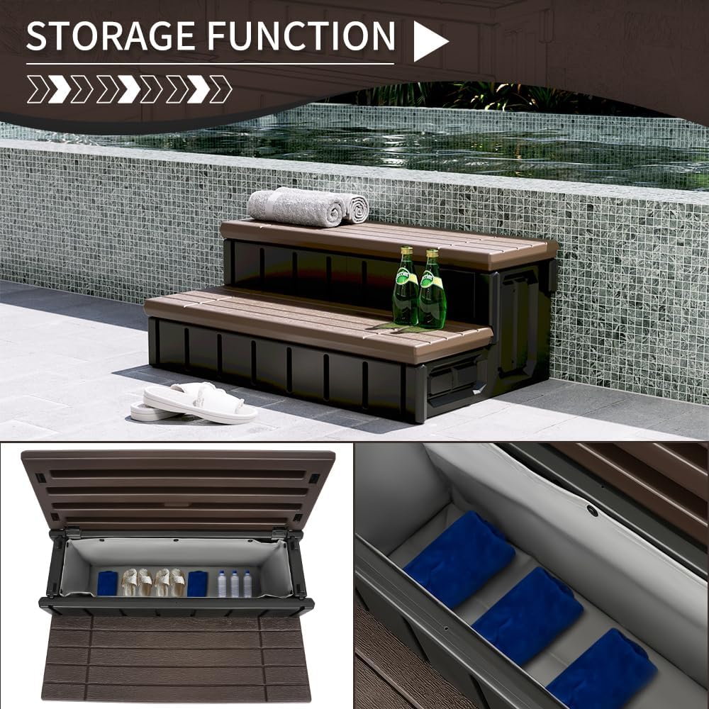 KUAFU Universal Spa Hot Tub Step with Storage Outdoor Indoor Compartment Spa 2-Step Stool Pool Ladder Plastic Handi Step Slip Resistant Striped Brown+Black