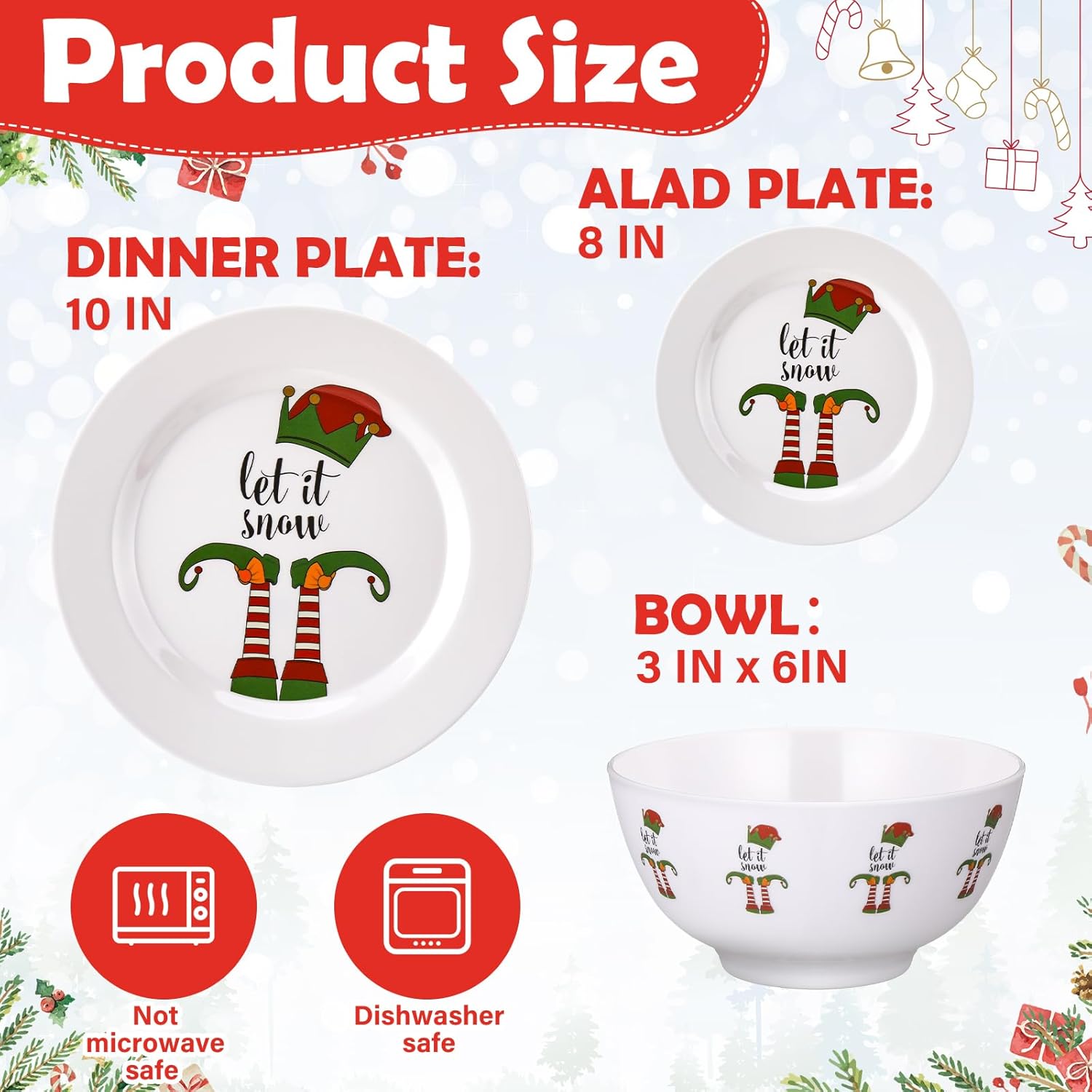 24 Pcs Christmas Melamine Dinnerware Set Service for 8 Guest, 10" Dinner Plates, 8" Salad Plates, 3"×6" Bowl, Santa Snowman Reindeer Xmas Tree, Festive Holiday Tableware for Family Party Gift