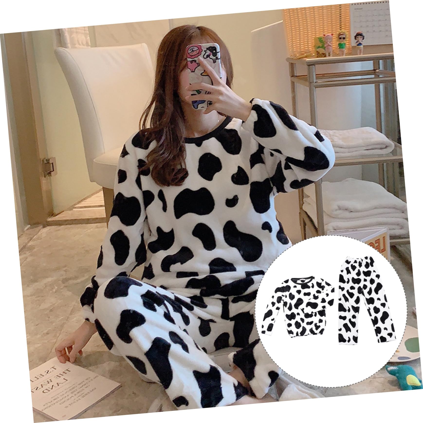 Uonlytech Pigiama Donna Invernale Set da Spesso e Confortevole Maniche Lunghe Caldo in Flanella Design Animale Mucca per Ragazze per Casa Autunno e Inverno