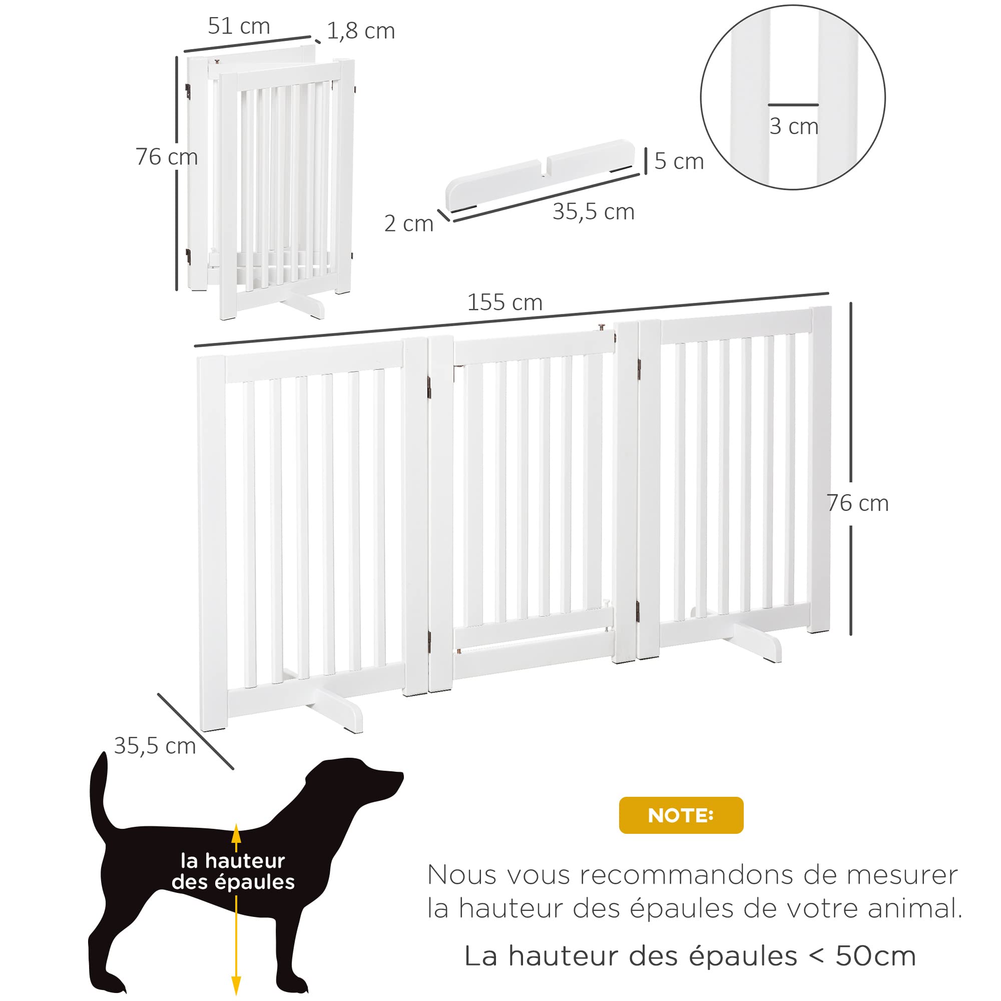 PawHut Barrière de sécurité Chien barrière modulable Pliable avec Porte verrouillable intégrée 155 x 35,5 x 76 cm MDF Blanc