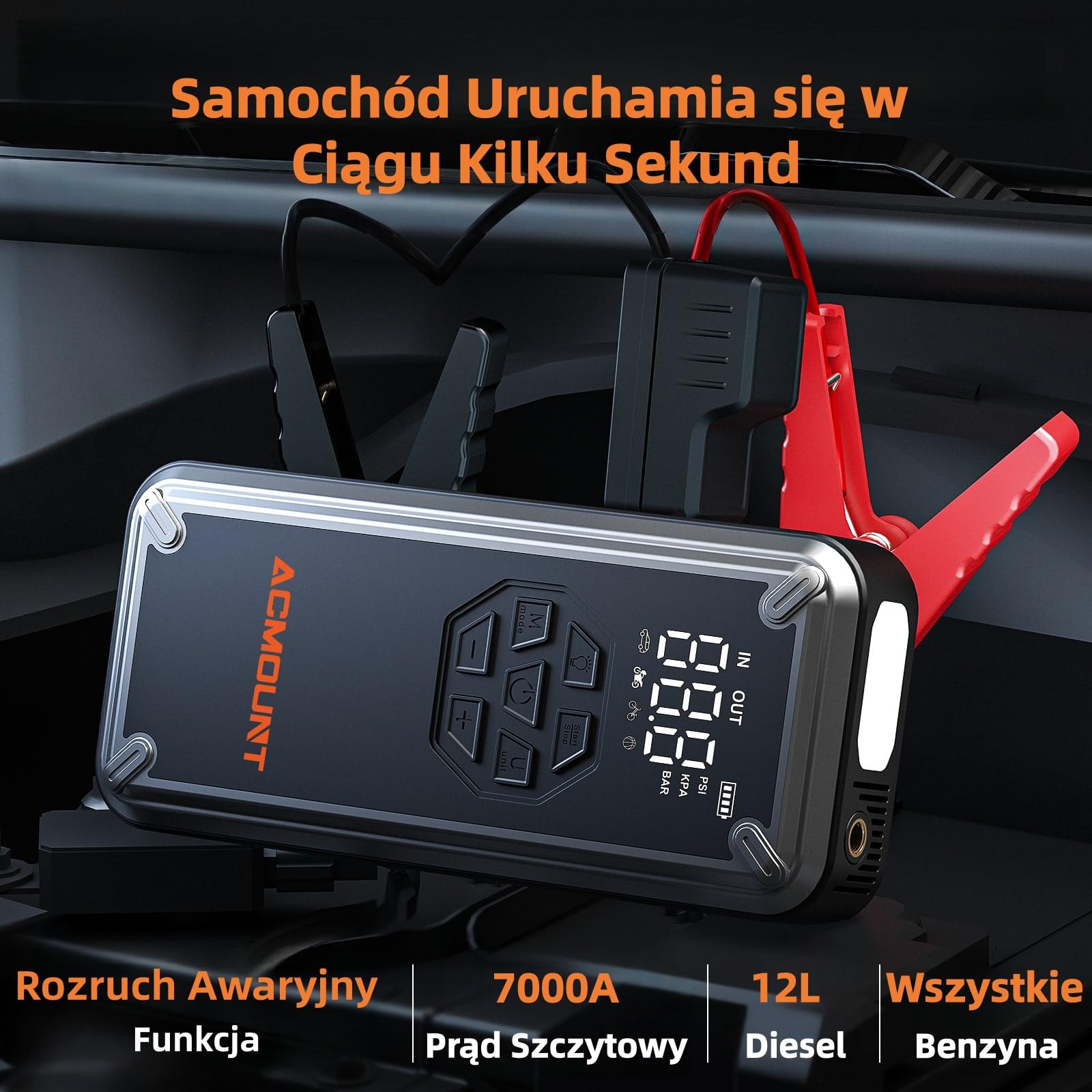 Rozrusznik Samochodowy 7000A, 21800mAh 150PSI Kompresor, Przenośny Wzmacniacz Baterii 12V Odpowiedni do Wszystkich Benzynowych i Silników Wysokoprężnych do 12.0L z Wyświetlaczem LCD i Latarką LED