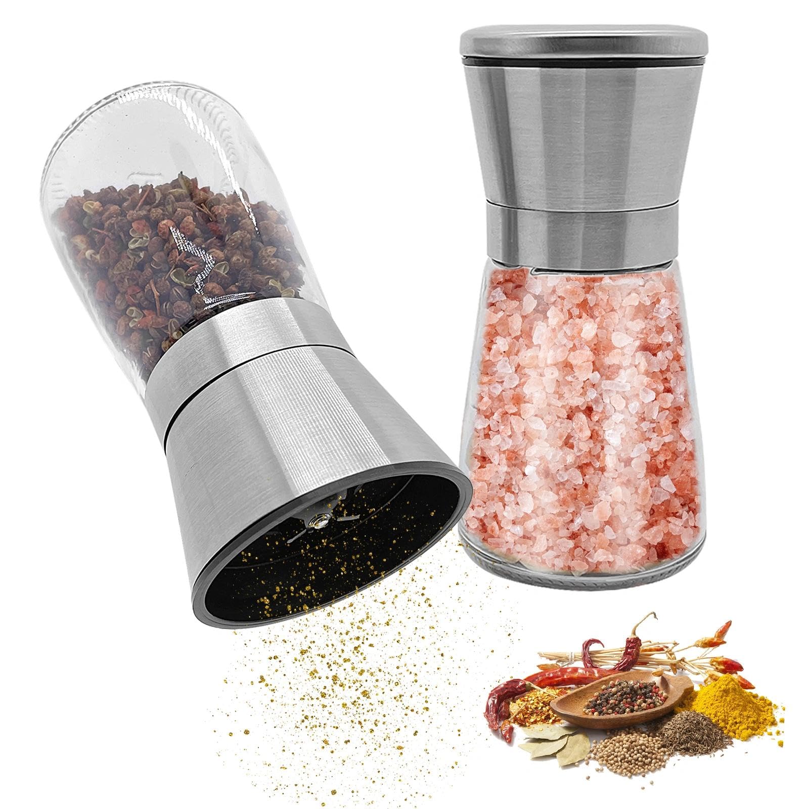 Spice Mill Set of 2 - Adjustable Ceramic Grinder Pepper Mill Stainless Steel Salt Mill for Kitchen and Dining Room Pepper Mill Salt Pepper Mill