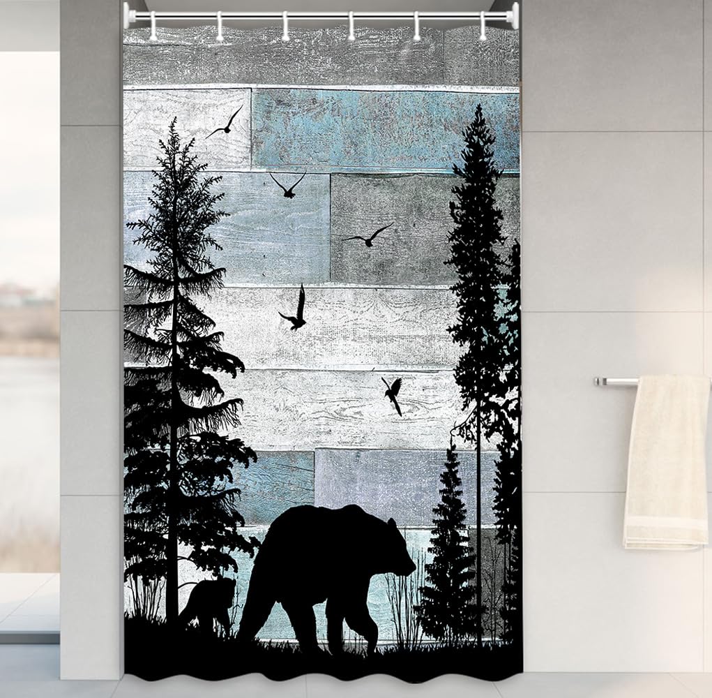MERCHR Rustic Cabin RV Shower Curtain, Farmhouse Country Bear Forest Vintage Wood Decor Bath Curtain, Hunting Camping Waterproof Fabric Bathroom