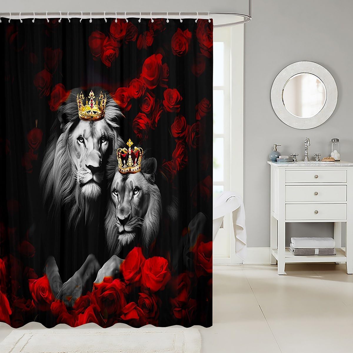 jejeloiu Wild Lion Couple Shower Curtain 72"x84" Couple Red Rose Floral Bathroom Shower Curtain Set for Girls Women Lover Gold King and Queen Crown Bath Curtain Valentine's Day Bathroom Accessories