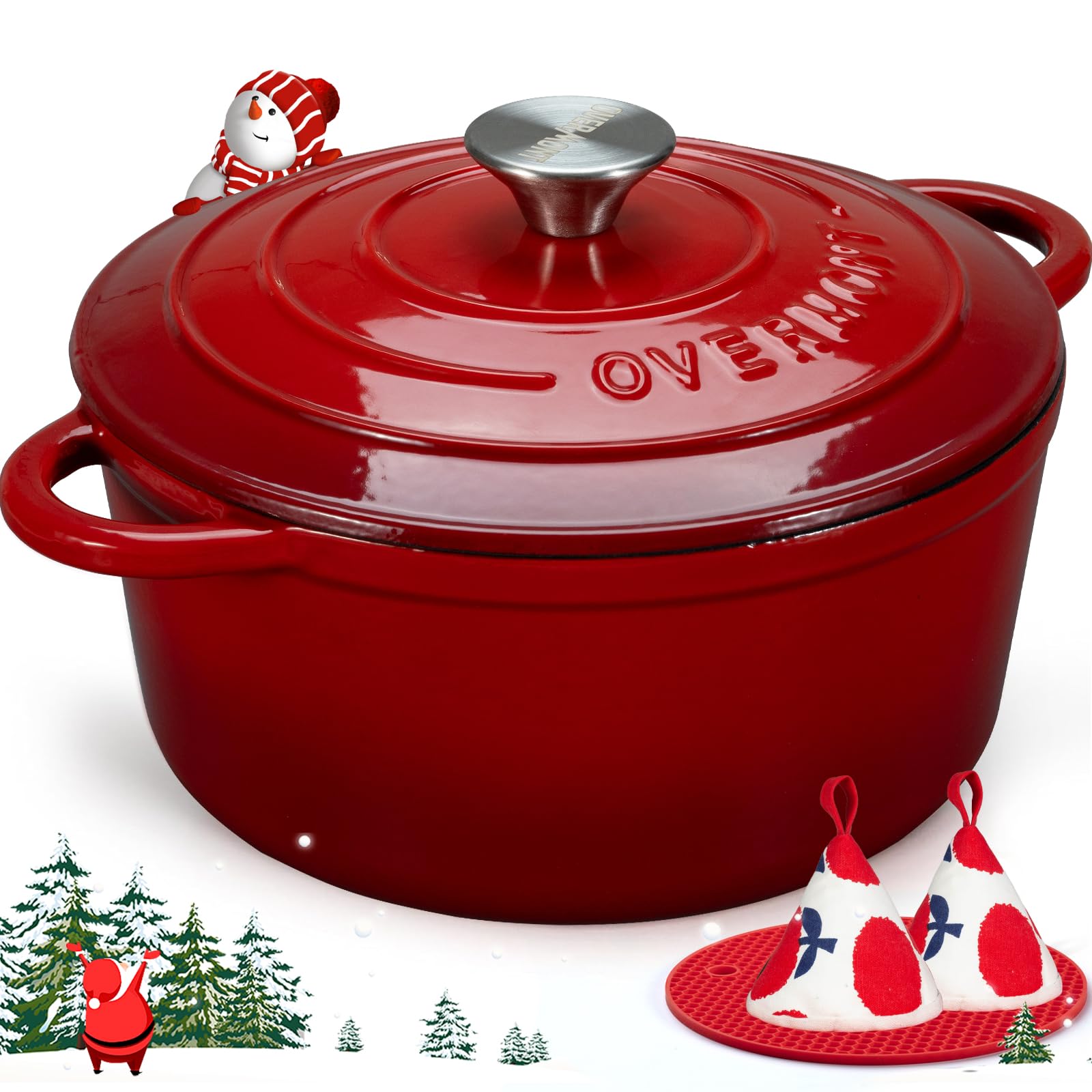 26cm/5.2L Enamelled Cast Iron Round Casserole Dish With Lid,5.5QT, Cookbook -Non-stick Dutch Oven for Braising, Stews, Roasting, Bread Baking - Cherry red