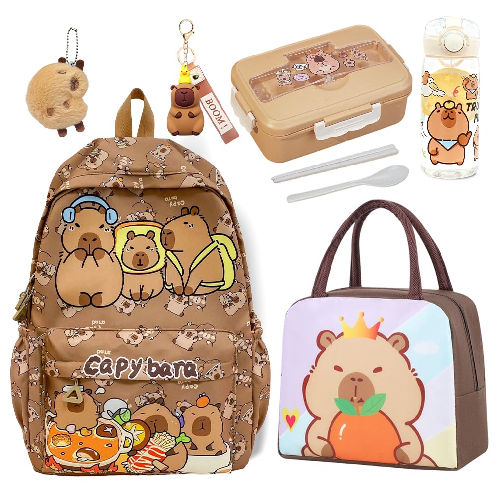 Capybara Rucksack mit Kuscheltier & Schlüsselanhänger, Capybara Lunch Tasche Mit Cartoon Brotdose Kinder 900ml Trinkflasche 400ml, Kawaii Kinder Backpack Schoolbag Set, Lunchtaschen Für Die Schule