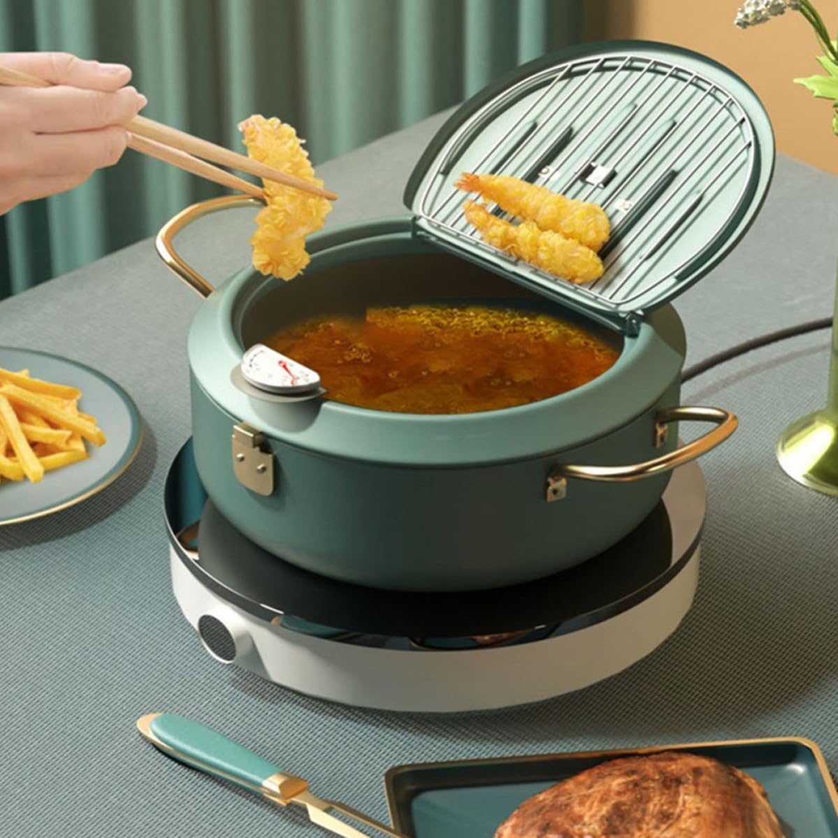 Pentola Frittura Mini in Acciaio al Carbonio Verde con Termometro