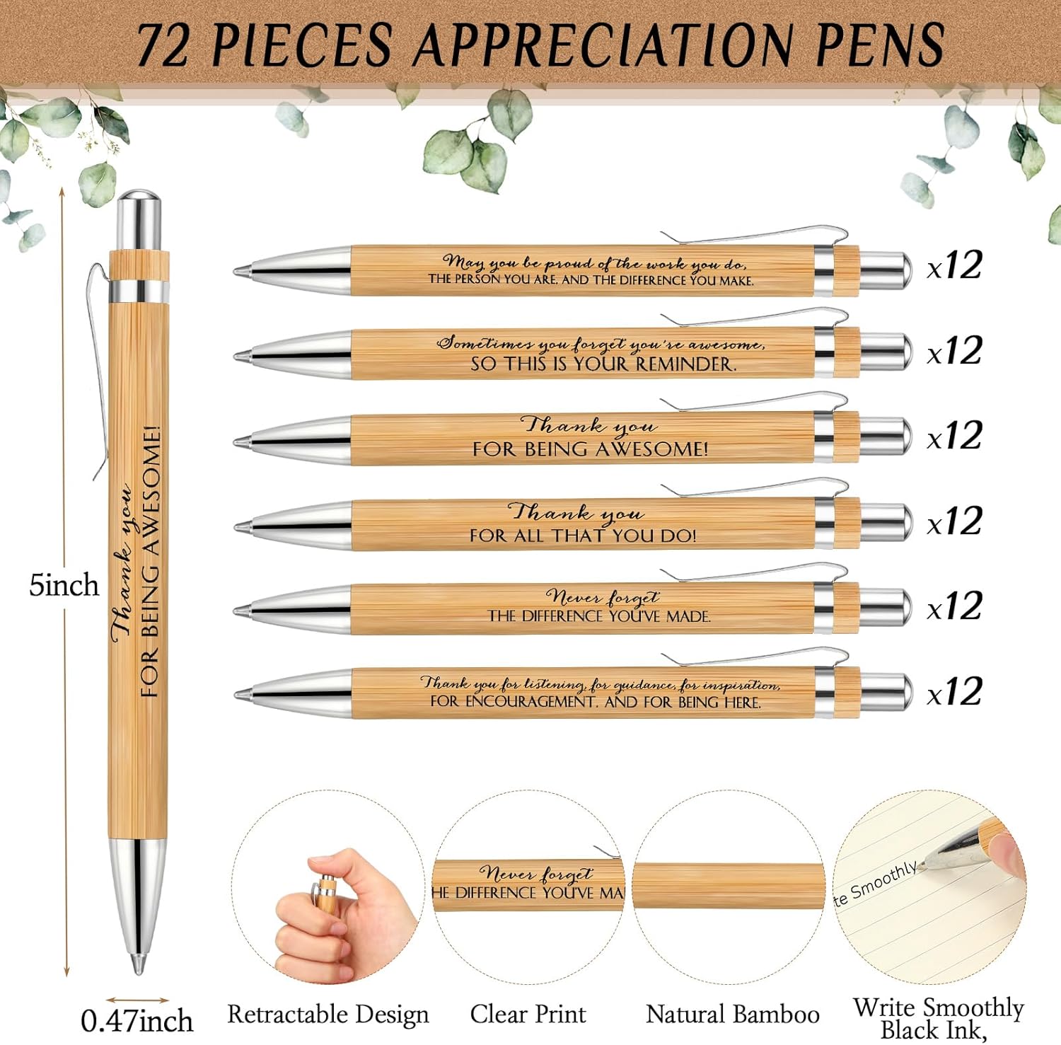 Yeaqee 72 Sets Employee Appreciation Gift Bulk Thank You Inspirational Bamboo Pen with Card Graduation Appreciation Gift for Teacher Student Nurse Coworker Staff Office Team (Encouragement)