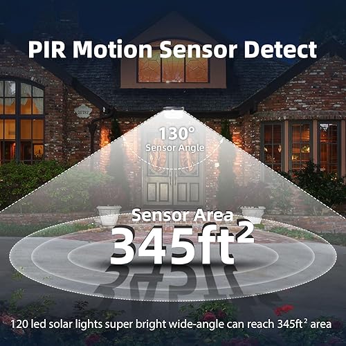 Miniatura 6 de HMCITY 120 luces solares LED para exteriores con sensor de movimiento y 3 modos de iluminación, IP65 impermeables, amplias, luces solares de pared