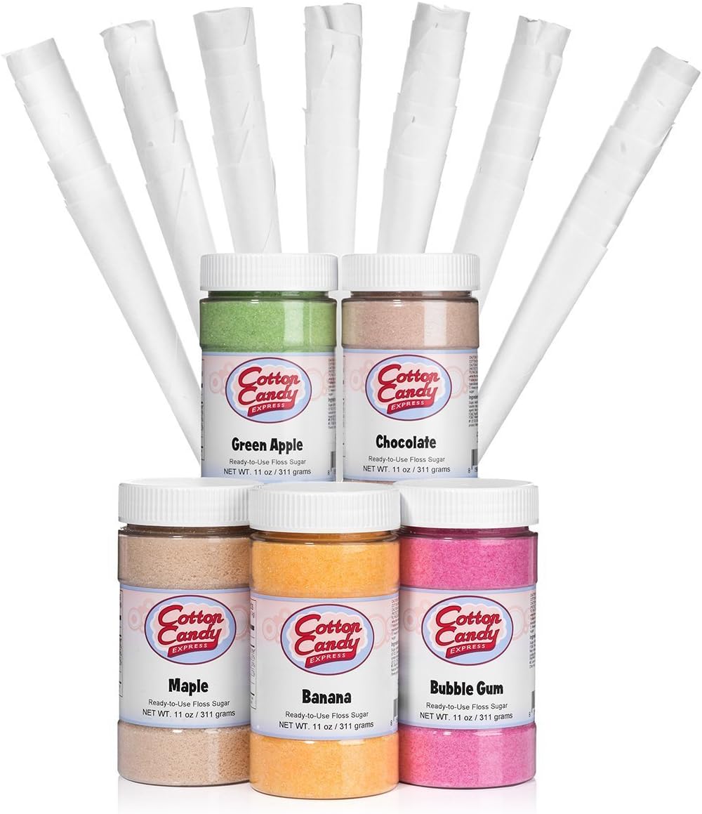 5 Flavor Cotton Candy Fun Pack by Cotton Candy Express | Includes 11 oz. of Green Apple, Chocolate, Grape, Banana, & Bubble Gum Floss Sugar + 50 White Paper Cotton Candy Cones | For Home or Business