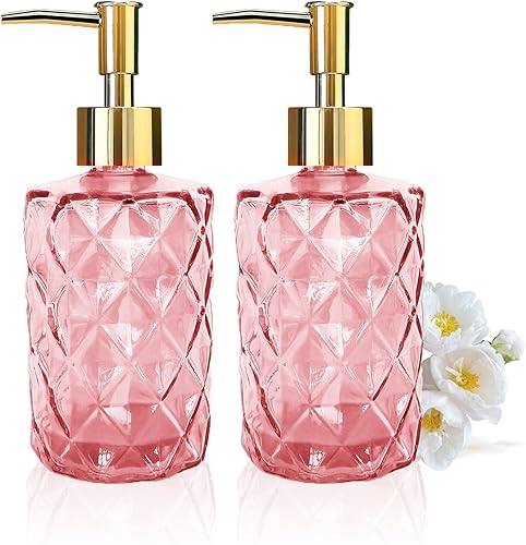 Paquete de 2 dispensadores de jabón de vidrio rosa, 11.2 fl oz11 oz, dispensador de acondicionador de ducha de baño con bomba dorada, botella