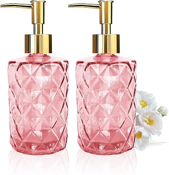 2Pack Pink Glass Soap Dispenser, 330ml/11oz Bathroom Shower Conditioner Dispenser Set with Gold Pump, Refillable Kitchen Dish Soap Dispenser Bottle for Hand Sanitizer, Lotion