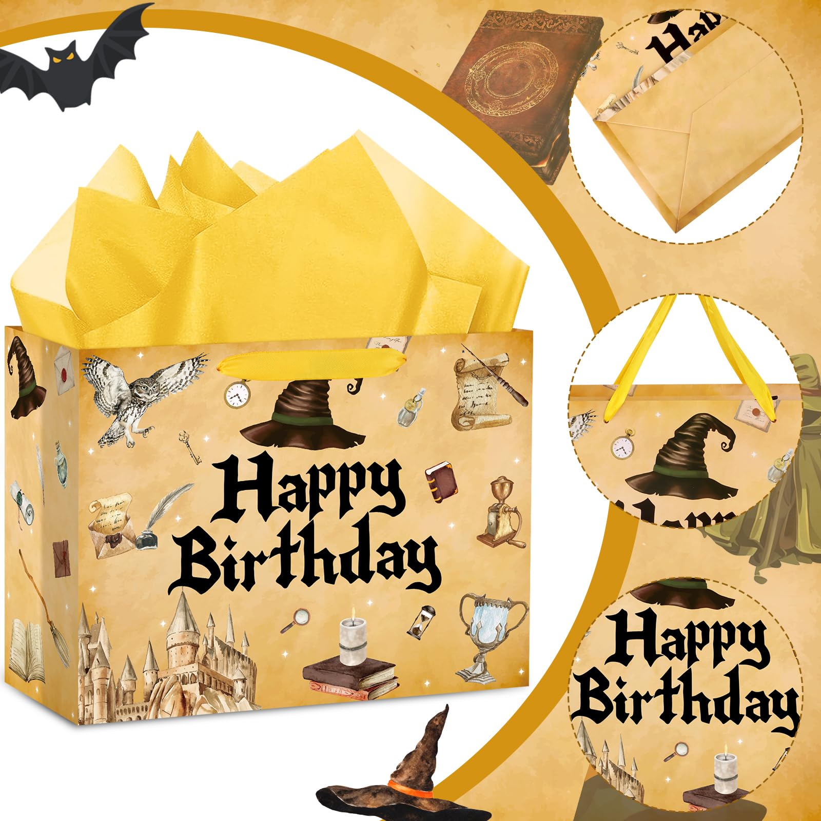 Hooqict Magical Wizard Gift Bag Happy Birthday Gift Wrapping Bag with Handles, Tissue Paper and Greeting Cards for Kids Girls Boys Wizard Birthday Party Supplies Halloween Party Favors