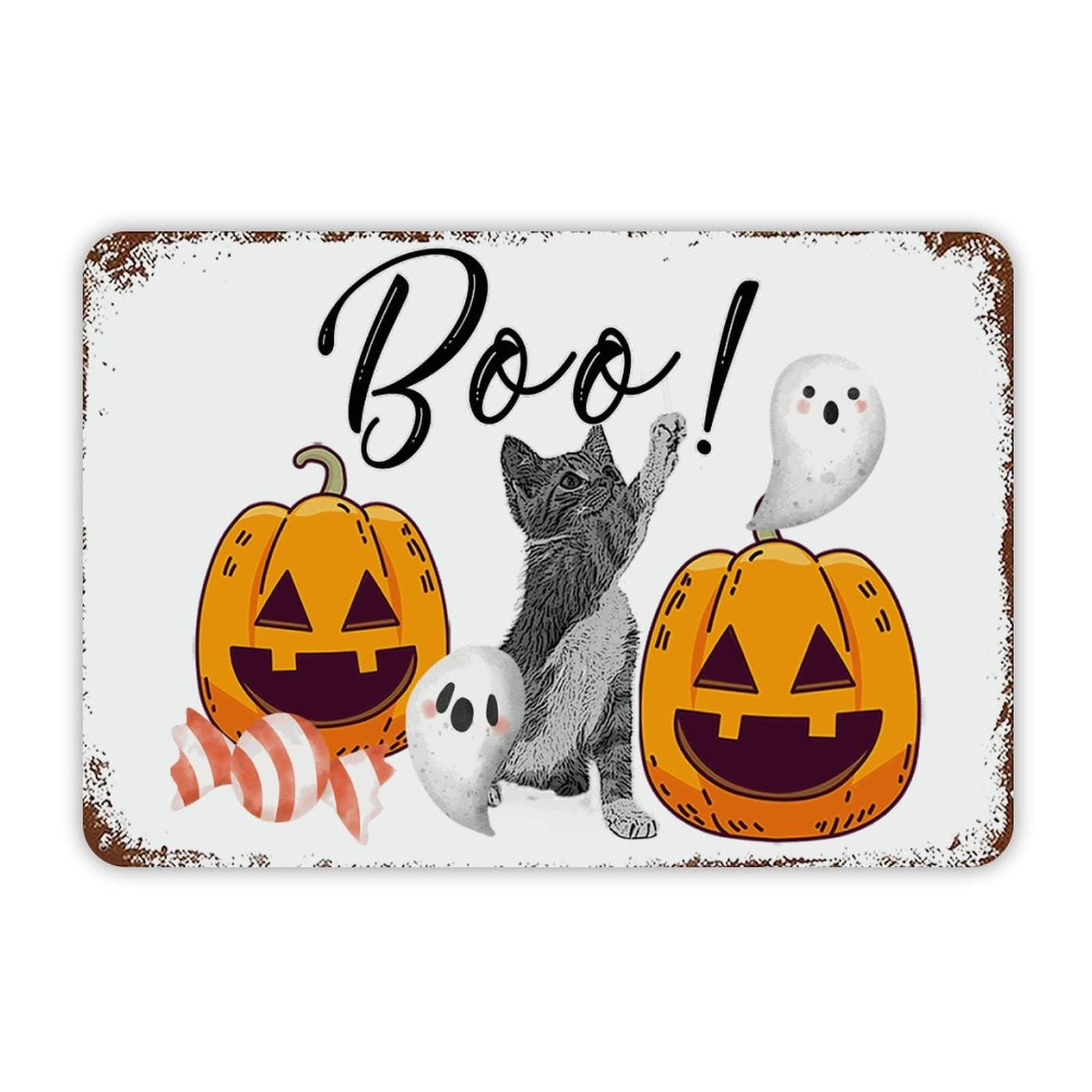 ENEDNATE Farmhouse Rustic Aluminum Sign Boo Halloween Cat Ghost Pumpkin Metal Sign Retro Aluminum Tin Sign for Kitchen Bedroom Living Room Wall Art Door Hanger Home Decor Sign 8x12 Inch