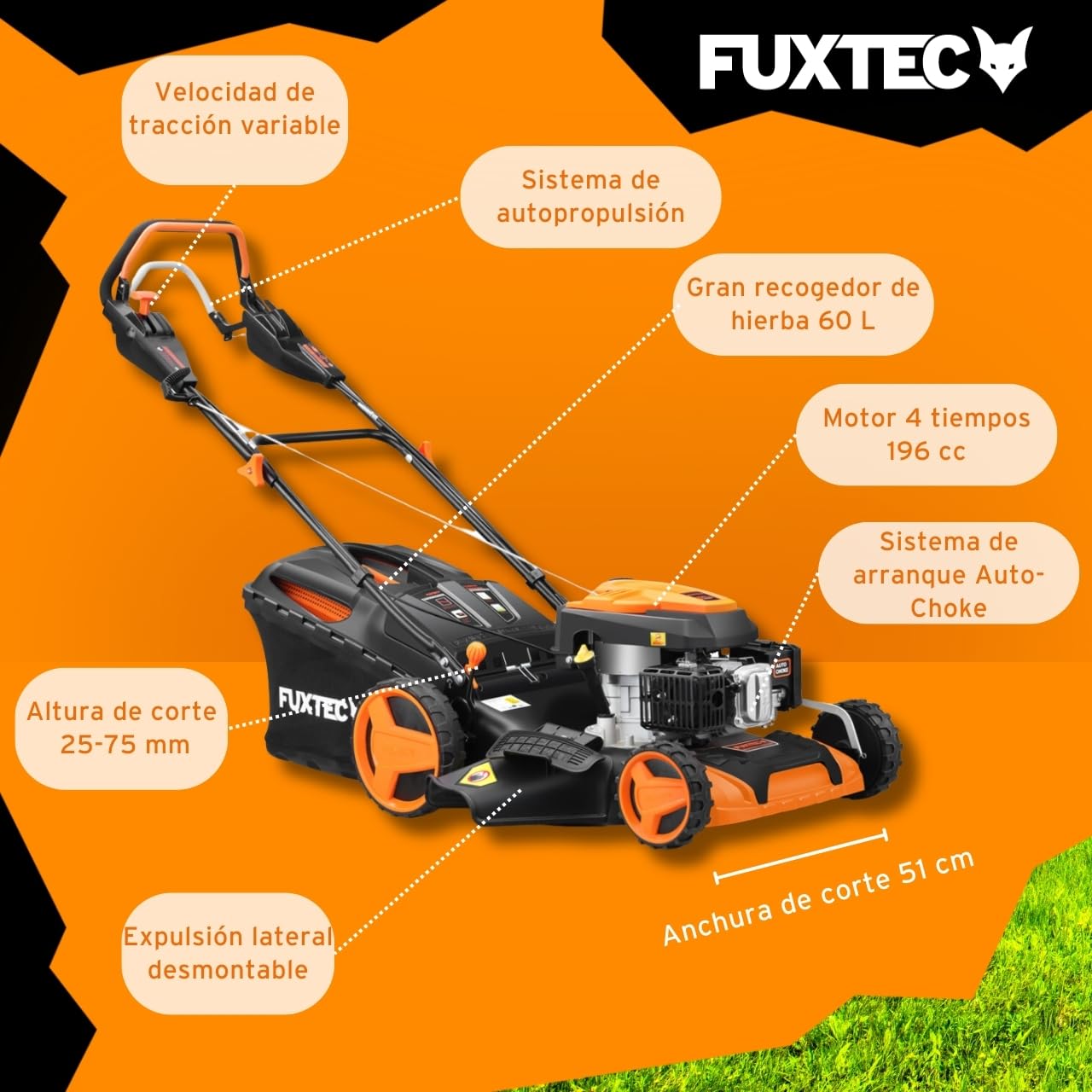 FUXTEC FX-RM5170PRO cortacésped Gasolina 4en1, 170 cm³ / 4 CV, 51 cm Ancho, Altura Ajustable, autopropulsado con Velocidad Variable, Bolsa 60 L, Mulching y Descarga Lateral.
