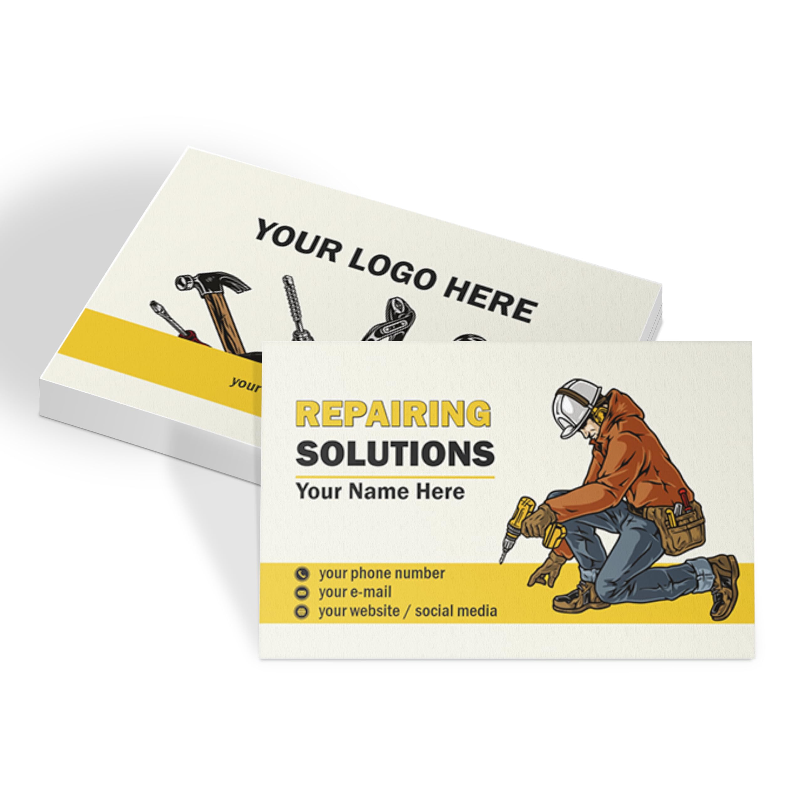 lepni.me Custom Handyman Business Cards with Your Name, Phone, Email Personalized White and Yellow Design Business Cards with Handyman Illustration for Mechanic Gloss Mat, Simple or Laminated All PCS